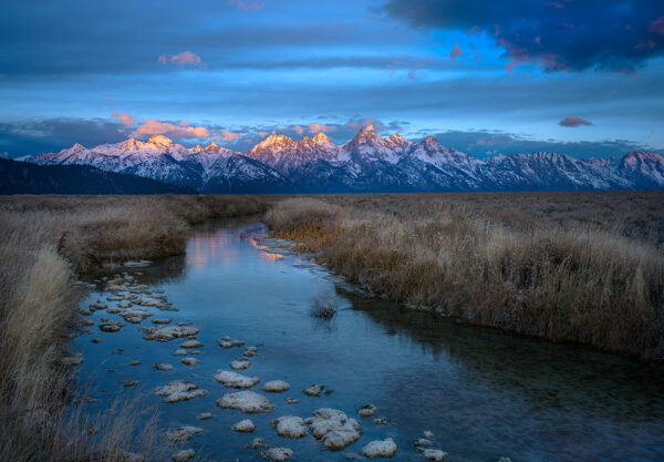 Teton Stream Grand Teton NP stream mountains landscape photography Hasselblad x2d sunrise Wyoming snowcap clouds